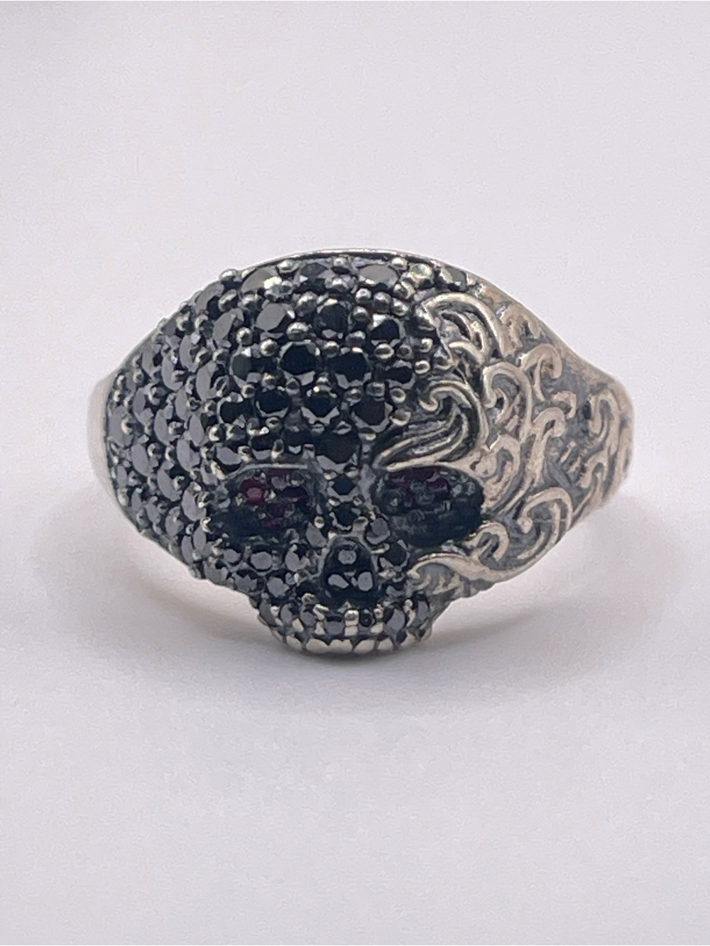 David Yurman Sterling Silver Skull Ring with Black Diamonds and Rubies - Picture 7 of 16